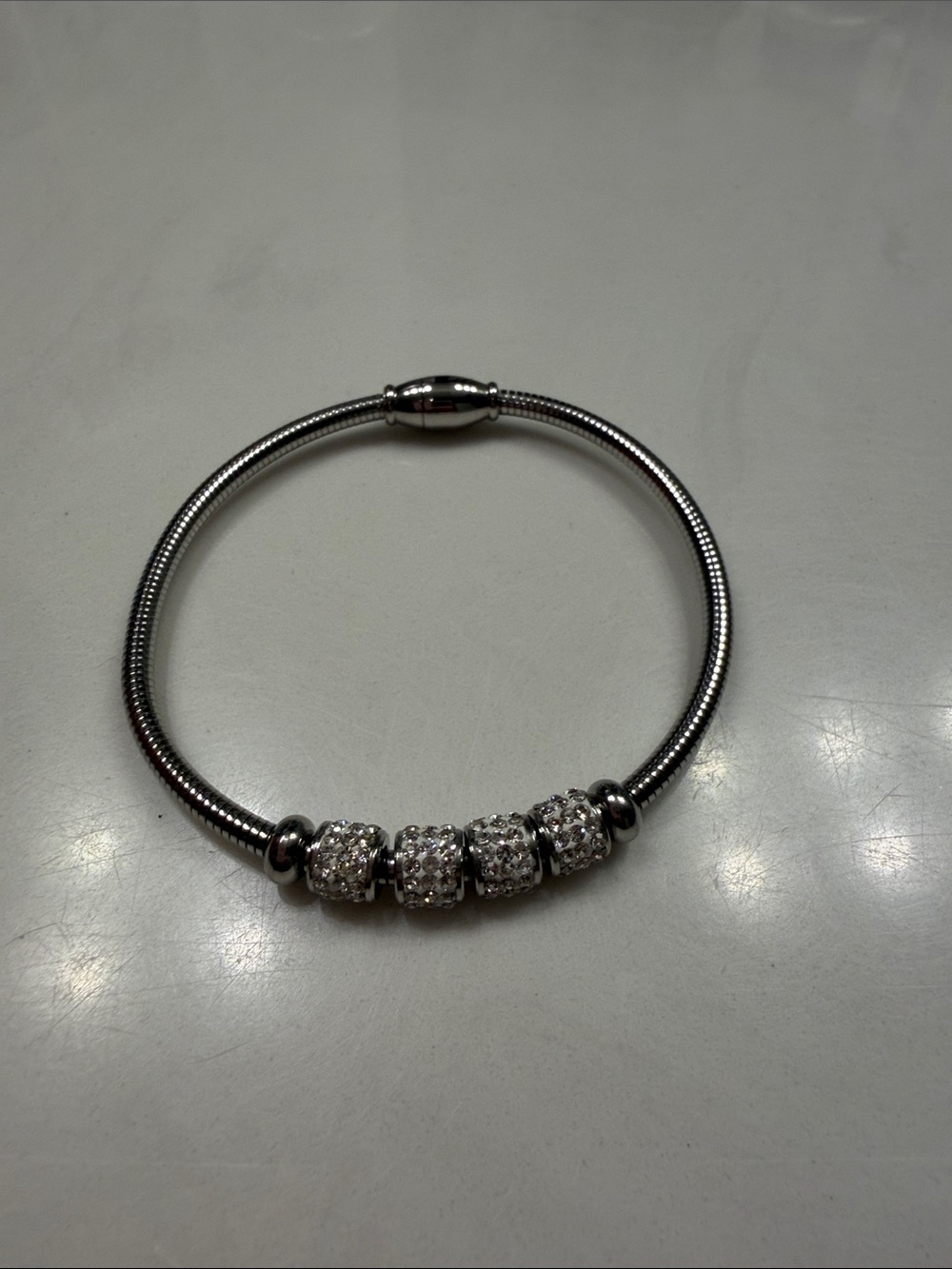 Source Unknown Silver Tone Pave Bead Bracelet with Crystal Charms